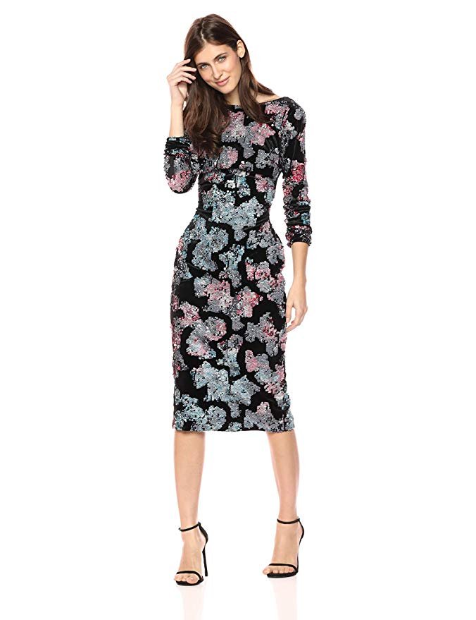 Dress the Population Women's Emery Long Sleeve Stretch Sequin Midi Sheath -  Midi Length Dress Deals & Offers
