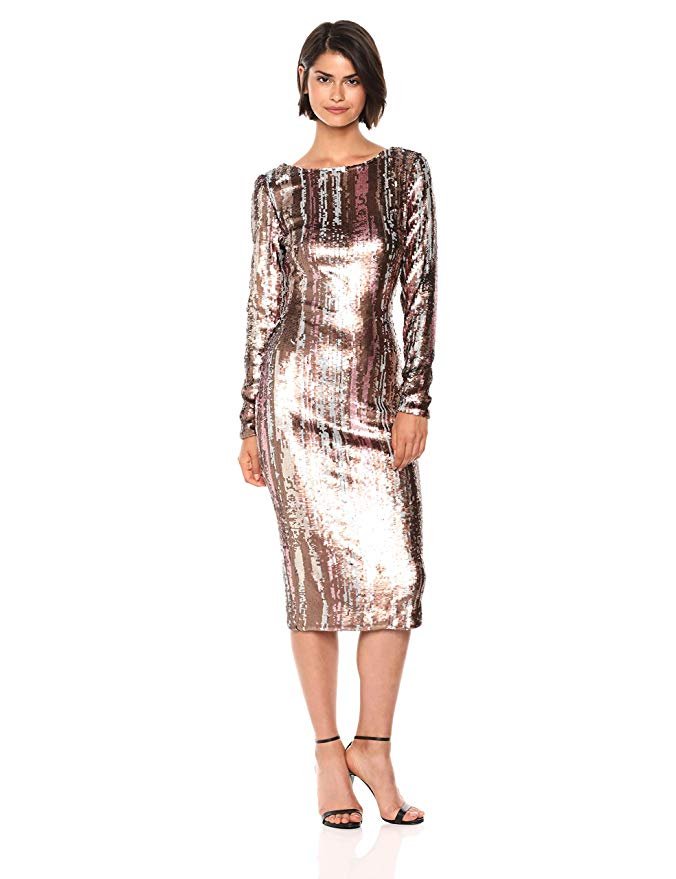 Dress the Population Women's Emery Long Sleeve Stretch Sequin Midi Sheath -  Midi Length Dress Deals & Offers