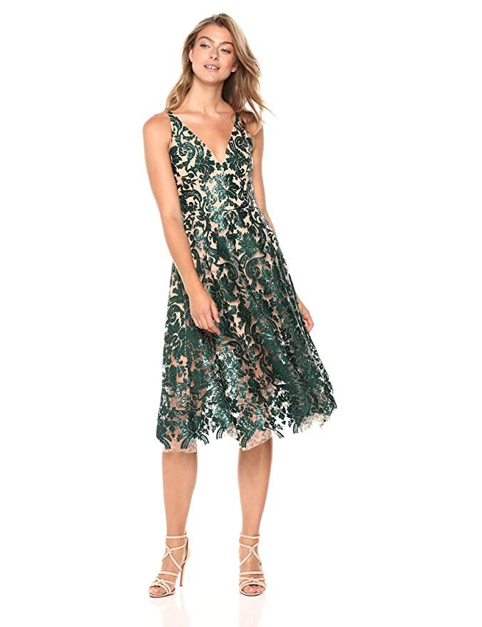 Dress the Population Women's Blair Plunging Fit and Flare Midi Dress - Midi  Length Dress Deals & Offers