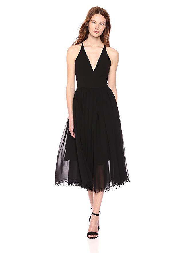 open lace back dress Dress the Population Womens Alicia Sleeveless Plunging Fit and Flare Midi  Dress, Black, XX-Small US at Amazon Women's Clothing store main image 1