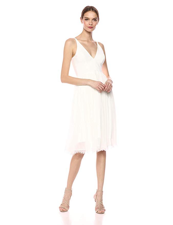 Dress the Population Women's Alicia Plunging Mix Media Sleeveless Fit and  Flare Midi Dress - Midi Length Dress Deals & Offers